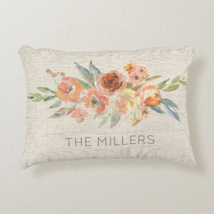 Natural Linen Watercolor Floral NAME Home Fall Decorative Cushion