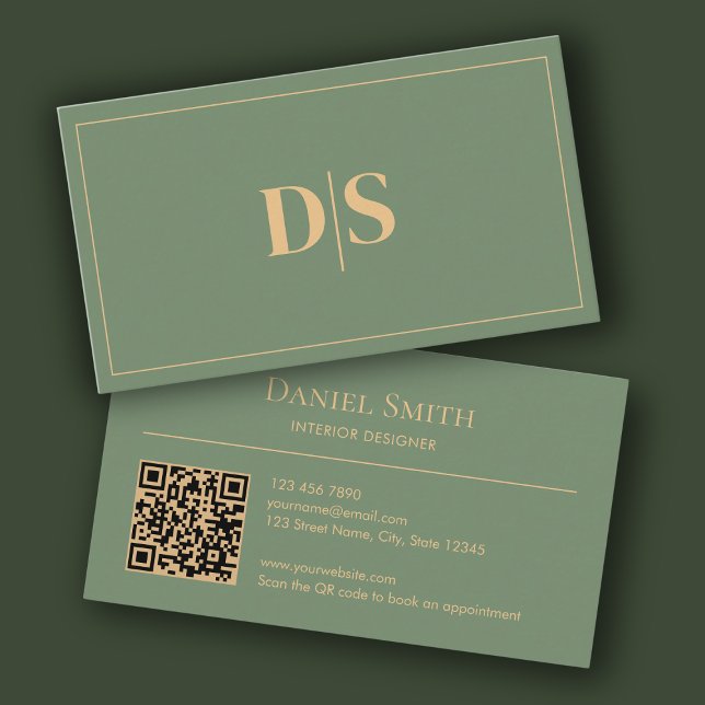 Natural Minimalist Muted Green Initials QR Code Business Card (Modern minimalist muted green professional business card)