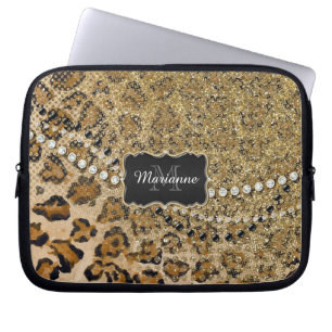 Natural n Gold Leopard Animal Print Glitter Look Laptop Sleeve