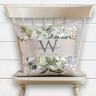 Natural Neutral Greenery Monogram Wedding Keepsake Cushion