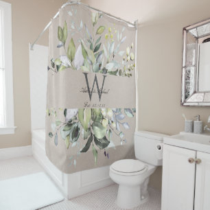 Natural Neutral Greenery Monogram Wedding Keepsake Shower Curtain