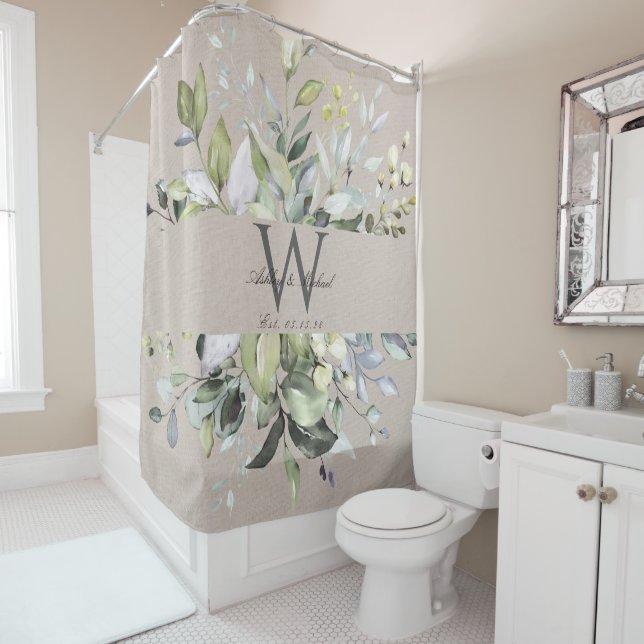 Natural Neutral Greenery Monogram Wedding Keepsake Shower Curtain (In Situ)