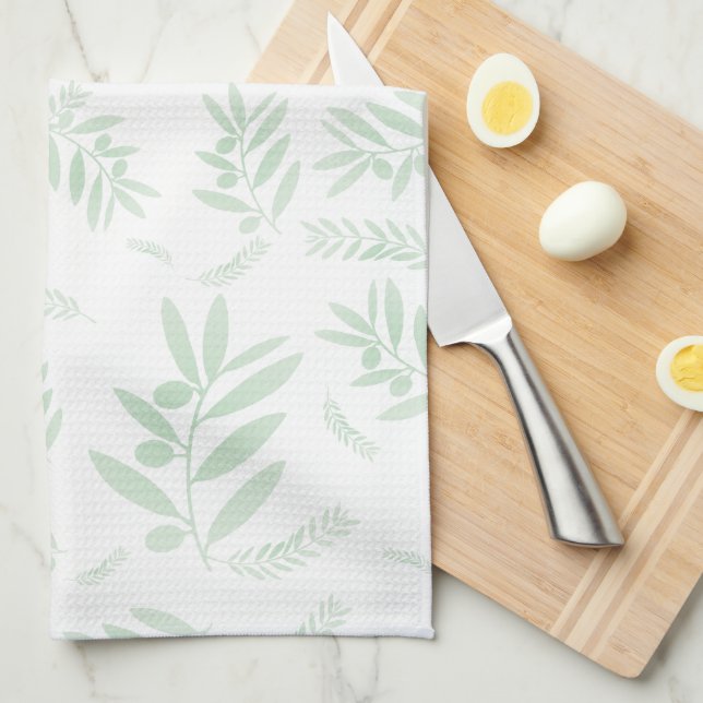Natural olive branch pattern tea towel (Quarter Fold)
