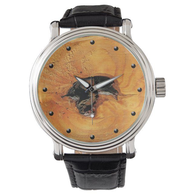 Natural orange wood with black hole unusual watch (Front)