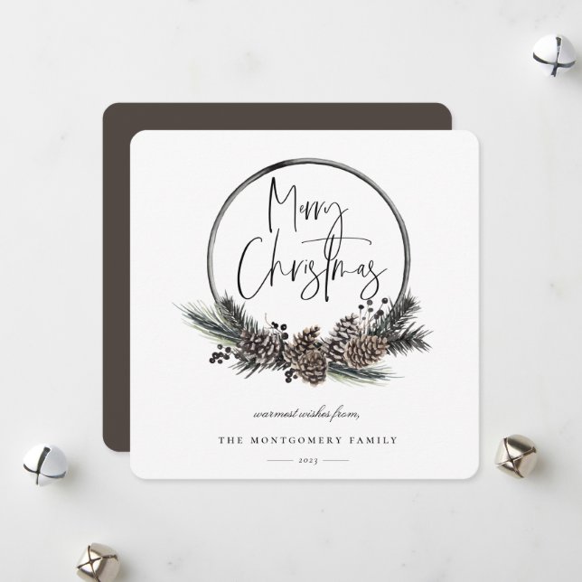 Natural Pine Hoop Wreath Holiday Card (Front/Back In Situ)