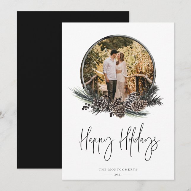 Natural Pine Wreath Photo Holiday Card (Front/Back)