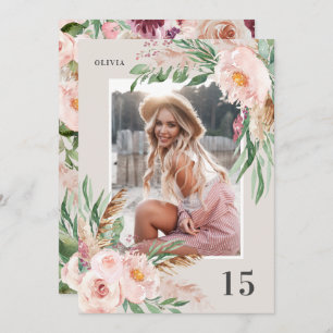 Natural Pink girly modern floral photo birthday Invitation