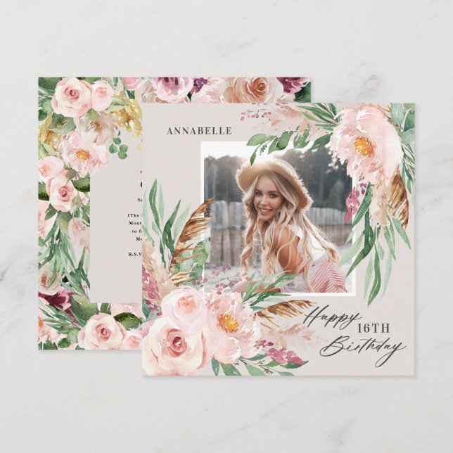Natural Pink girly modern floral photo birthday Invitation (Front/Back)