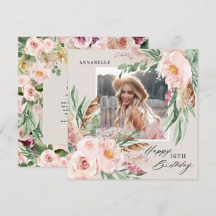 Natural Pink girly modern floral photo birthday Invitation