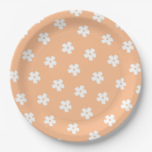 Natural Preppy Peach White Hippie Flower Pattern Paper Plate
