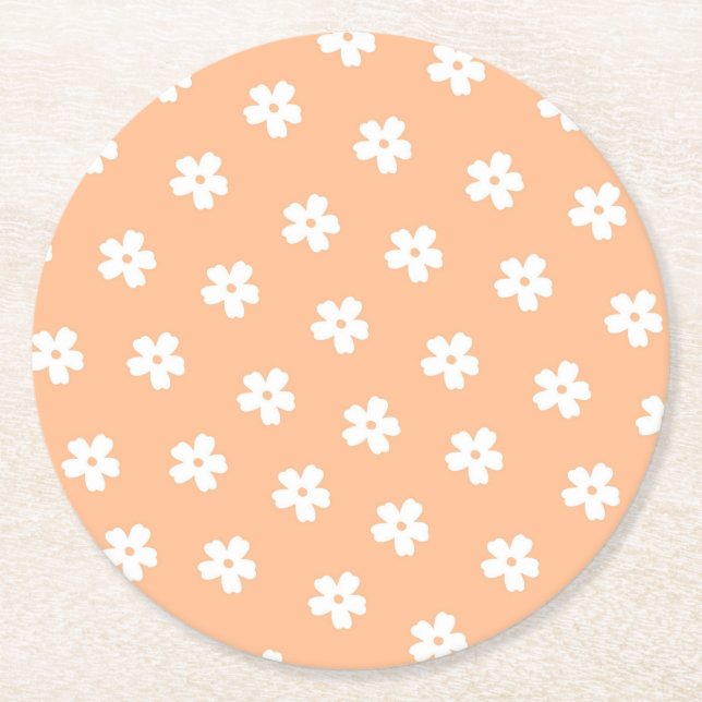 Natural Preppy Peach White Hippie Flower Pattern  Round Paper Coaster (Front)