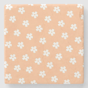 Natural Preppy Peach White Hippie Flower Pattern Stone Coaster