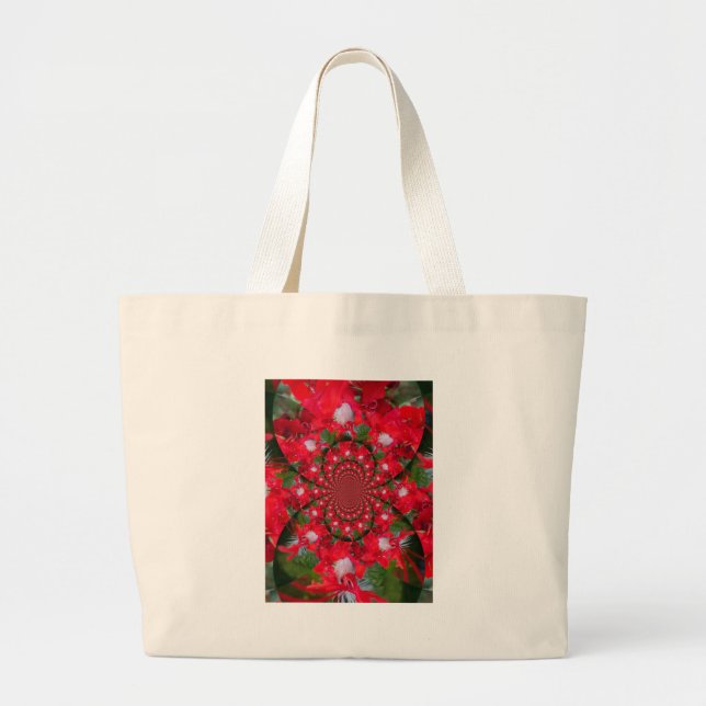 Natural Red Flower White Feather Kaleidoscope Art Large Tote Bag (Front)