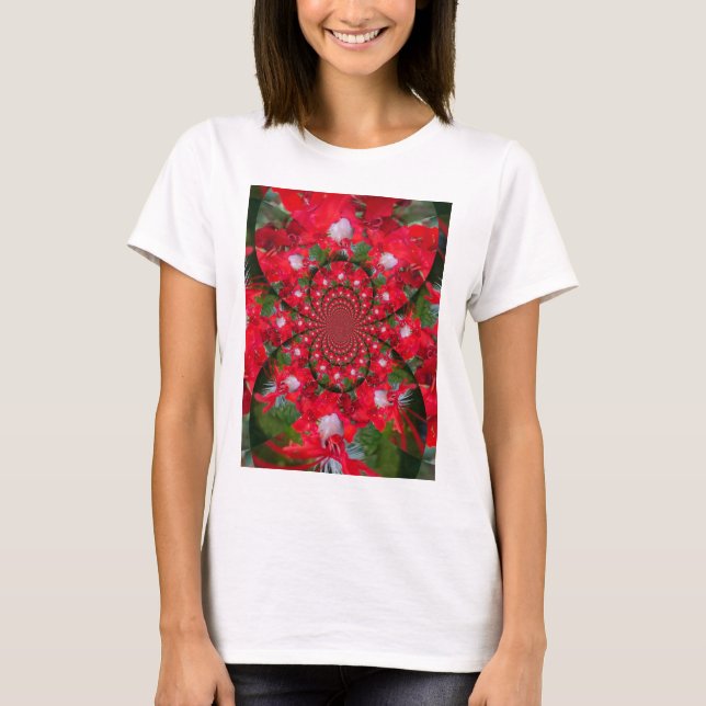Natural Red Flower White Feather kaleidoscope art  T-Shirt (Front)