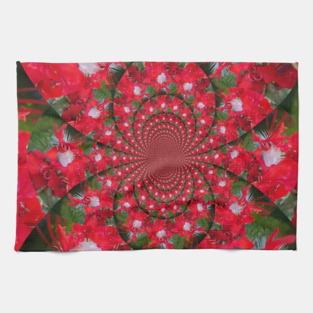 Natural Red Flower White Feather Kaleidoscope Art Tea Towel (Horizontal)