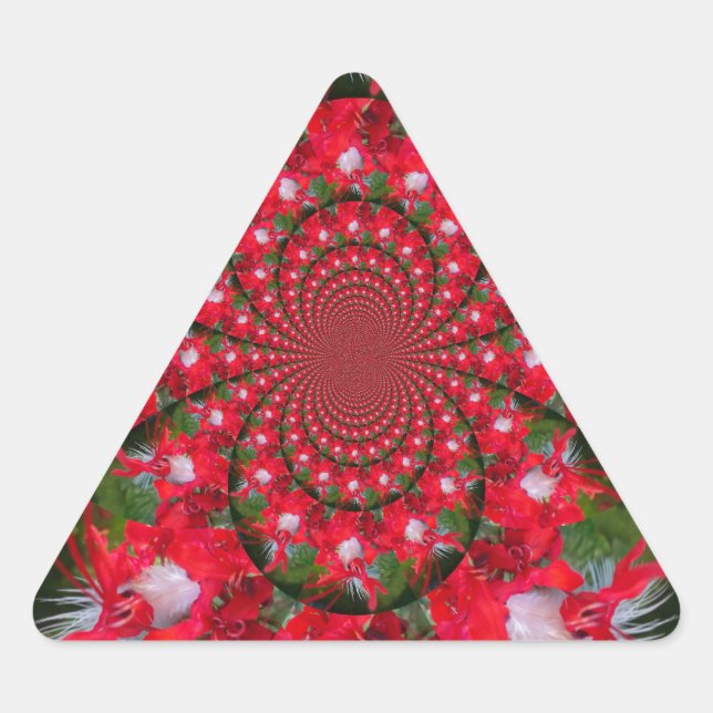 Natural Red Flower White Feather kaleidoscope art  Triangle Sticker (Front)