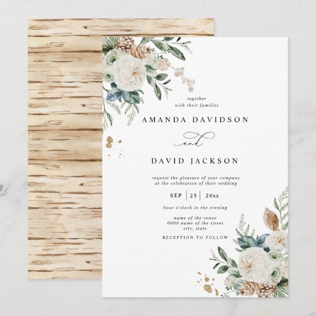 Natural Rustic Pine Greenery & Red Berries Wedding Invitation (Front/Back)
