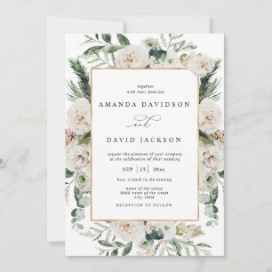 Natural Rustic Pine Greenery White Floral Wedding Invitation