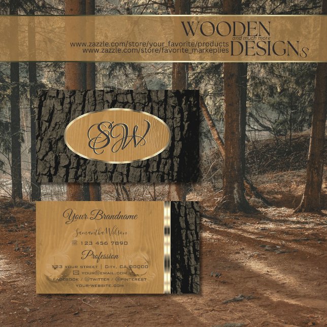 Natural Rustic Tree Bark Gold Border with Monogram Business Card (Creator Uploaded)