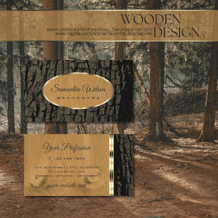 Natural Rustic Tree Bark Grain Oval Gold Border Business Card