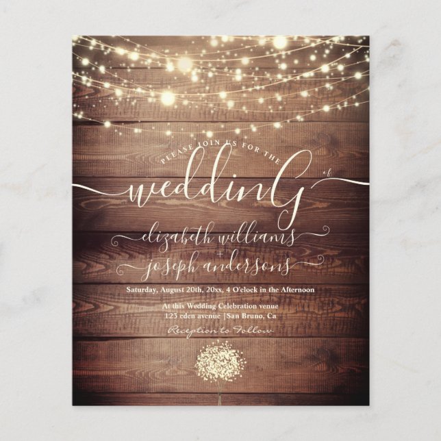 Natural Rustic Wood & White Lights String wedding  Flyer (Front)