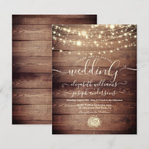Natural Rustic Wood & White Lights String wedding Invitation