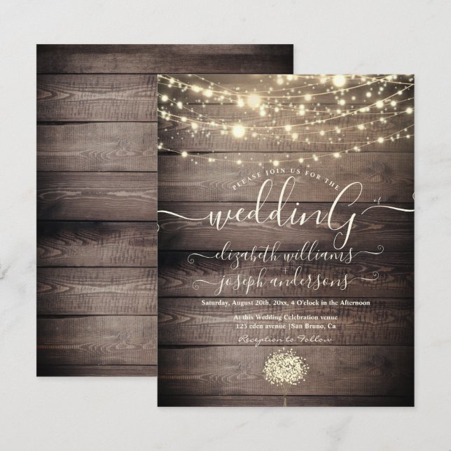 Natural Rustic Wood & White Lights String wedding  Invitation (Front/Back)