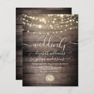 Natural Rustic Wood & White Lights String wedding  Invitation