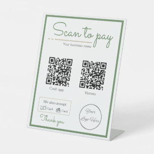 Natural sage green 2 qr code business scan to pay  pedestal sign