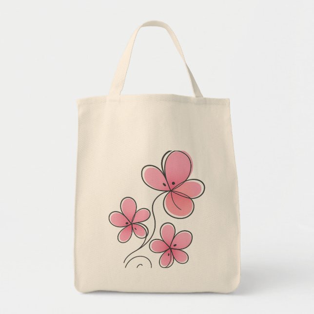 Natural Shoulder Tote Bag with 3 Pink Flowers – Ec (Front)