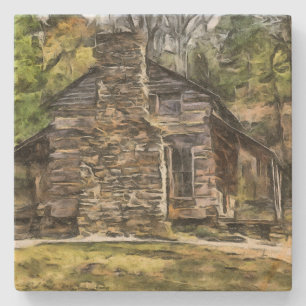 NATURAL STONE LOG CABIN WALL ART COASTER