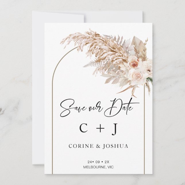 Natural Tones Arch Dry Floral Save The Date Card (Front)