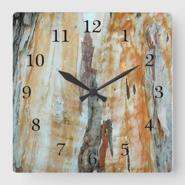 Natural tree bark colourful orange and grey square wall clock (Front)