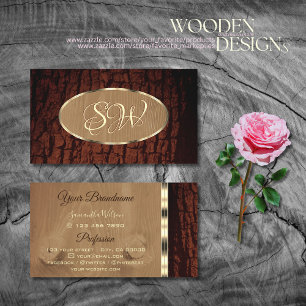  Natural Tree Bark Grain Oval Gold Border Monogram Business Card