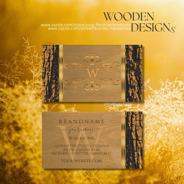 Natural Tree Bark Grain Shimmery Border Monogram Business Card (Creator Uploaded)