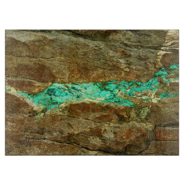 Natural turquoise vein in rough brown stone cutting board (Front)