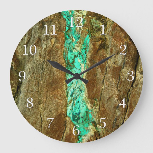 Natural turquoise vein in rough brown stone large clock (Front)