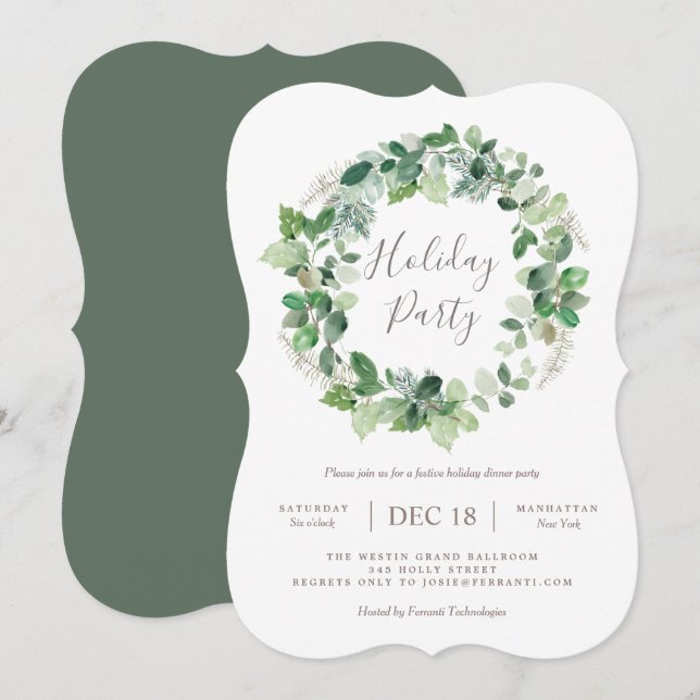 Natural Warm Holiday Party Wreath Invitation (Front/Back)