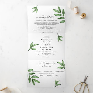 Natural Watercolor Handpainted Greenery Wedding Tri-Fold Invitation