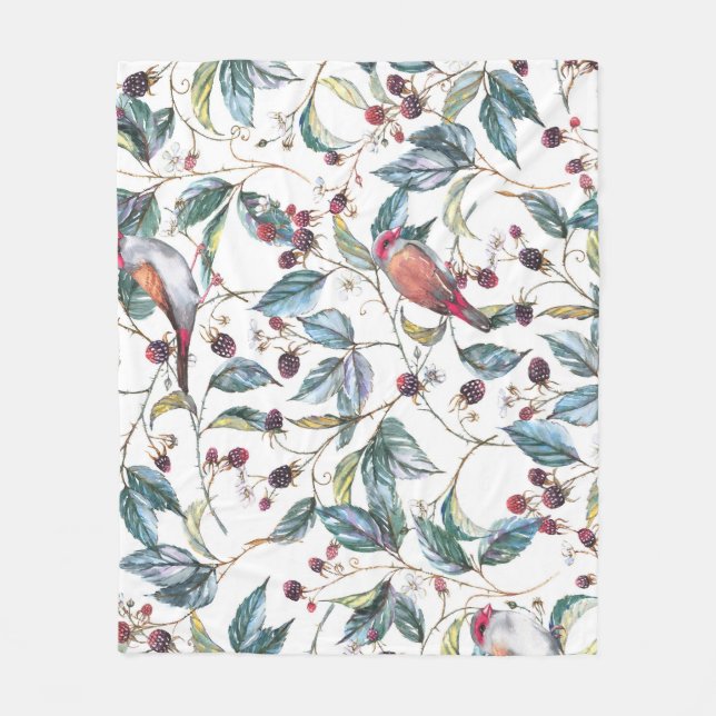 Natural watercolor pattern: blackberries, birds, f fleece blanket (Front)
