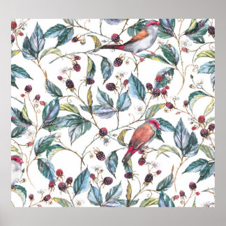 Natural watercolor pattern: blackberries, birds, f poster