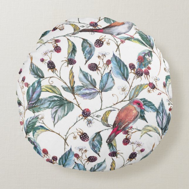 Natural watercolor pattern: blackberries, birds, f round cushion (Front)