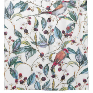 Natural watercolor pattern: blackberries, birds, f shower curtain