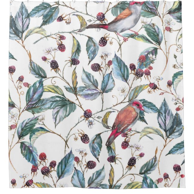 Natural watercolor pattern: blackberries, birds, f shower curtain (Front)