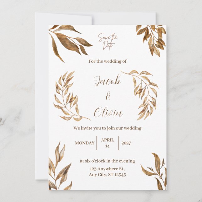 Natural white and brown wedding invitation (Front)