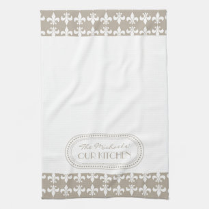 Natural   White Fleur de Lis Pattern Monogram Tea Towel