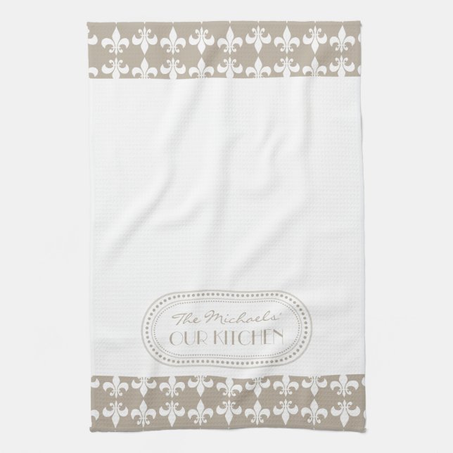 Natural | White Fleur de Lis Pattern Monogram Tea Towel (Vertical)
