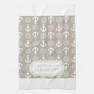 Natural   White Nautical Anchors Wheels Monogram Tea Towel