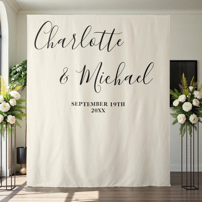 Natural White Script Minimalist Wedding Backdrop Tapestry (Creator Uploaded)