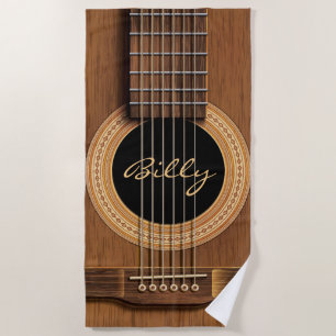 Natural Wood Acoustic Guitar Close Up Personalised Beach Towel